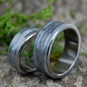 ON COMET ON CUPID | Meteorite & Gray Pearl Marbled Opalescent Resin - Custom Wedding Rings - Minter and Richter Designs