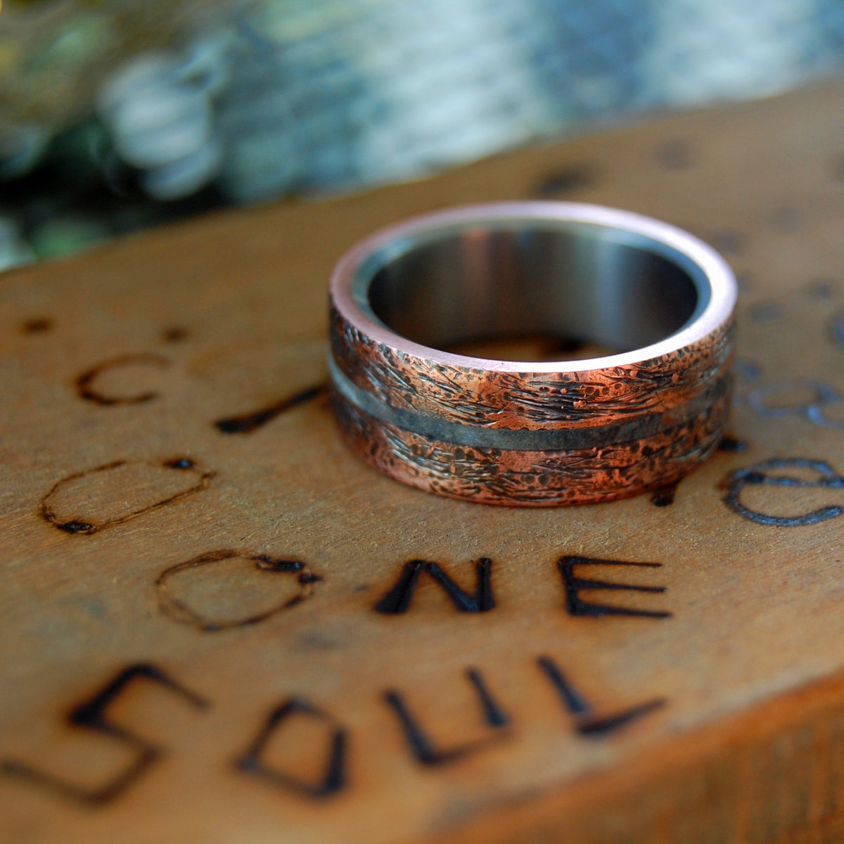 One Soul | Blue Box Elder Wood & Hand Beaten Copper Unique Men's Wedding Rings - Minter and Richter Designs