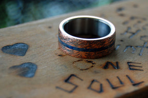 One Soul | Blue Box Elder Wood & Hand Beaten Copper Unique Men's Wedding Rings - Minter and Richter Designs