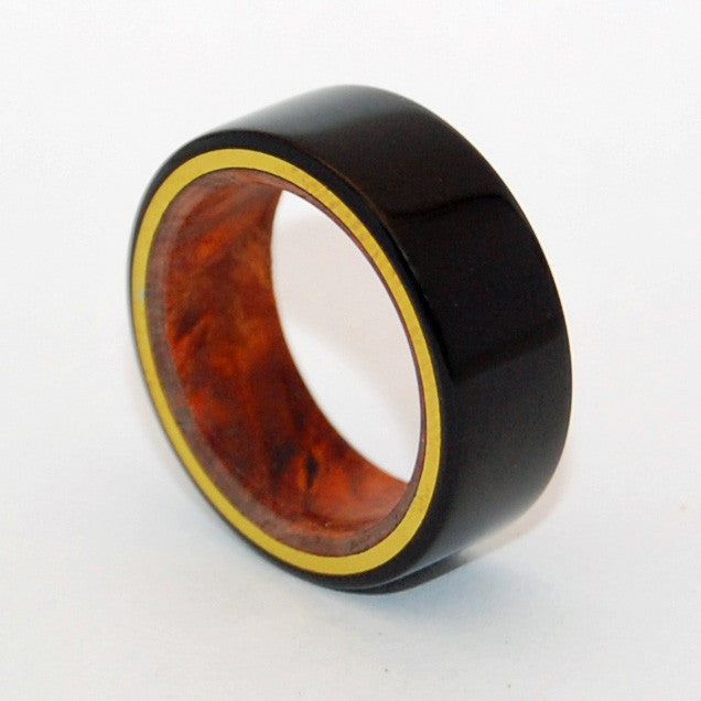 EARTH BELOW | Onyx Stone & Ambonya Burl Wood - Titanium Wedding Rings - Minter and Richter Designs