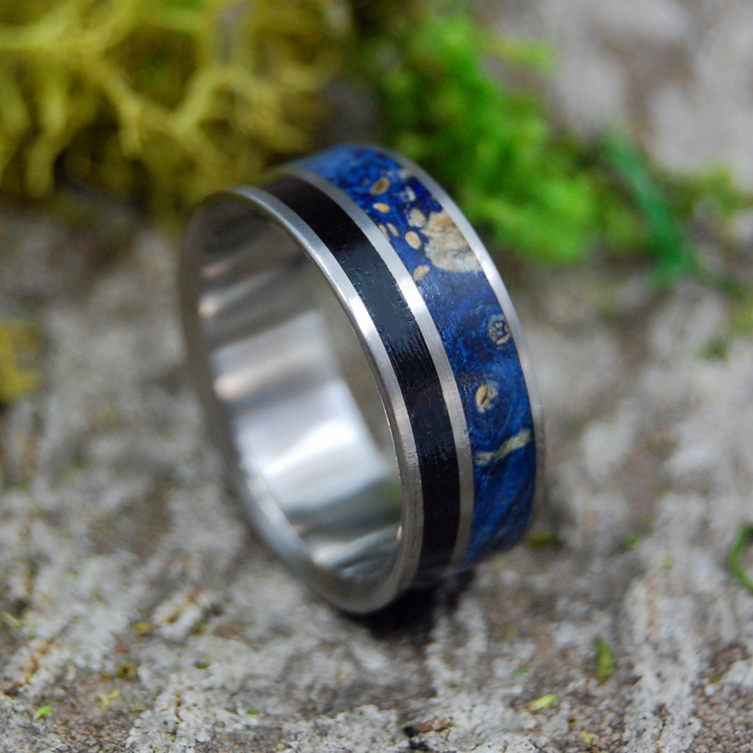 HIS HEART LISTENS | Ebony & Blue Box Elder Wood Titanium Wedding Rings - Minter and Richter Designs