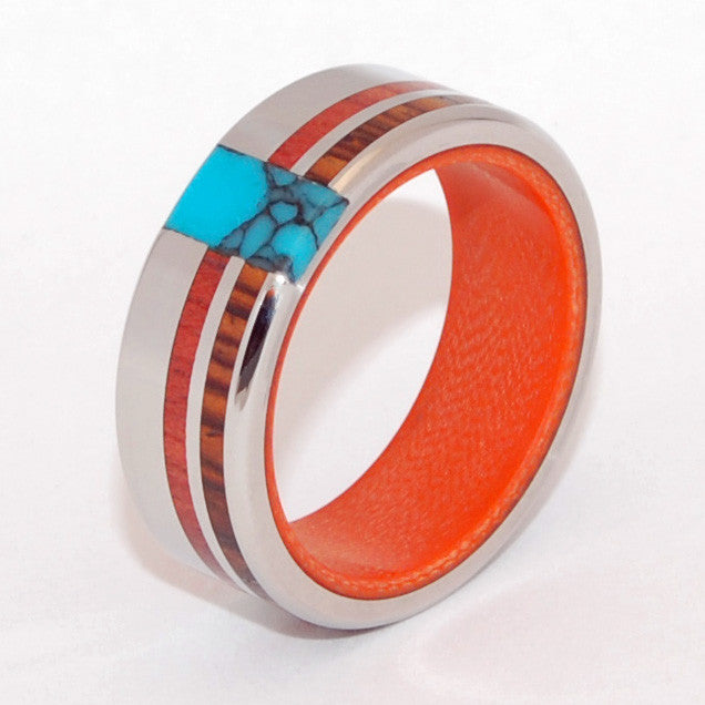 SECRET ORANGE | Turquoise Cocobolo Wood Blood Wood & Orange Carbon Fiber Unique Wedding Rings - Minter and Richter Designs