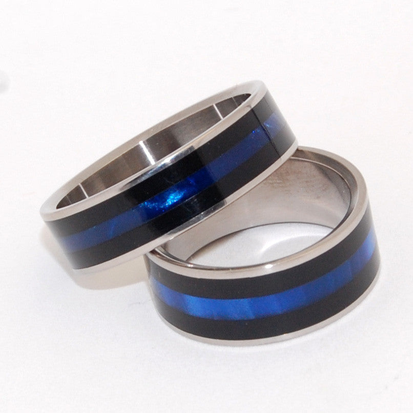 ORION| Black & Blue Opalescent Resin - Unique Wedding Rings Set - Minter and Richter Designs