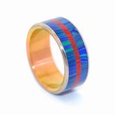 OUR ECHOES | Blood Wood & Azurite Malachite Stone with Sunset Anodized Titanium Blue Wedding Rings - Minter and Richter Designs