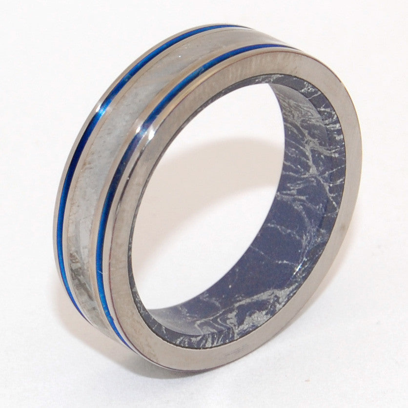 MOON AND SKY | Meteorite & M3 Blue Silver Mokume Gane Meteorite Titanium Wedding Rings - Minter and Richter Designs