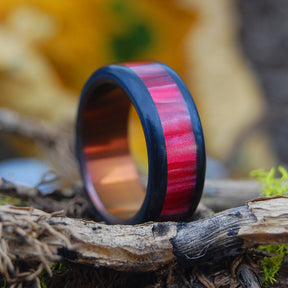 PASSION & RESILIENCE | Red Marbled Opalescent Resin - Titanium Wedding Rings - Minter and Richter Designs