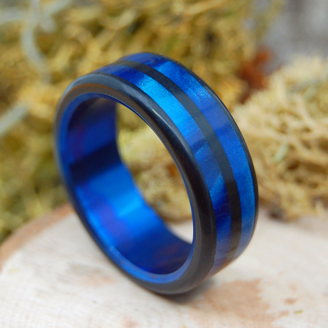 PERFECT ORBIT | Black & Blue Resin Men's Titanium Black Wedding Rings - Minter and Richter Designs