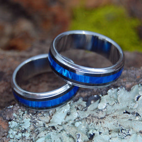 THE PILOT AND THE FLIGHT ATTENDANT | Blue Marbled Resin & Titanium - Unique Wedding Rings - Wedding Rings Set - Minter and Richter Designs