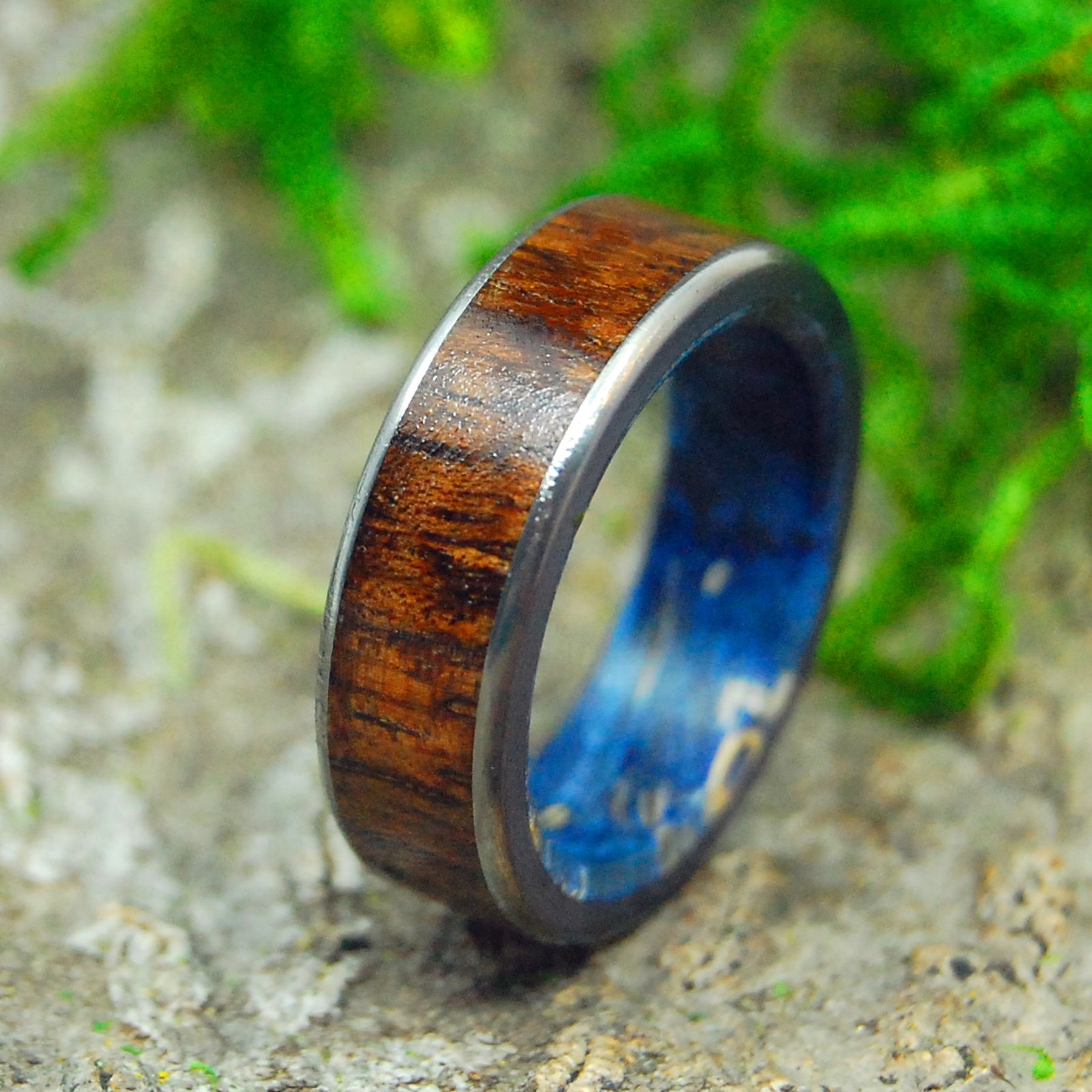 POSEIDON'S CONIFER | Koa Wood & Dark Blue Box Elder Titanium Wedding Rings - Minter and Richter Designs