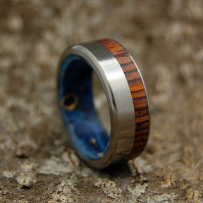 PRIVATE UNIVERSE | Cocobolo Wood & Blue Box Elder Wood Titanium Wedding Rings - Minter and Richter Designs