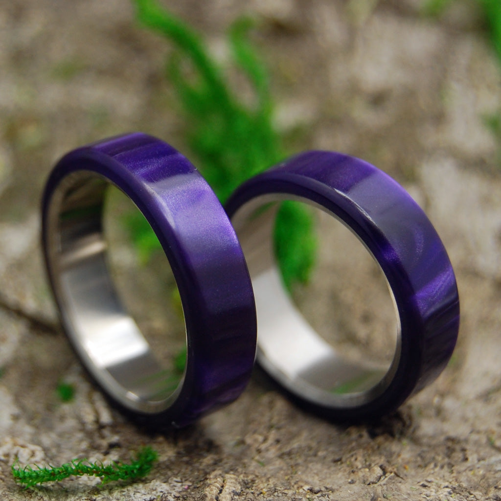 ROYAL SWIM OUT | Purple Marbled Resin & Titanium - Unique Wedding Rings - Minter and Richter Designs