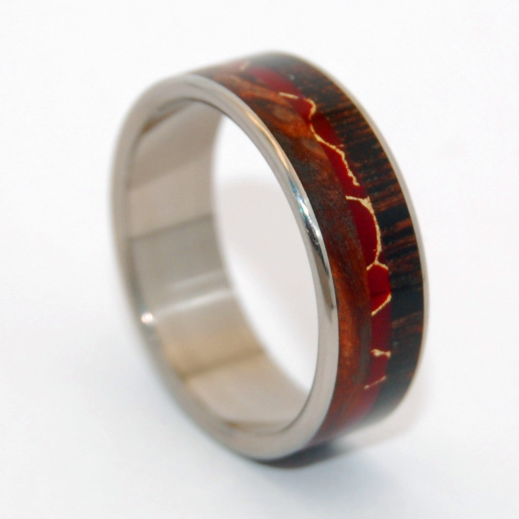 THE MAGIC BETWEEN | Wenge Wood & Redwood & Red Jasper Stone - Unique Wedding Rings - Minter and Richter Designs