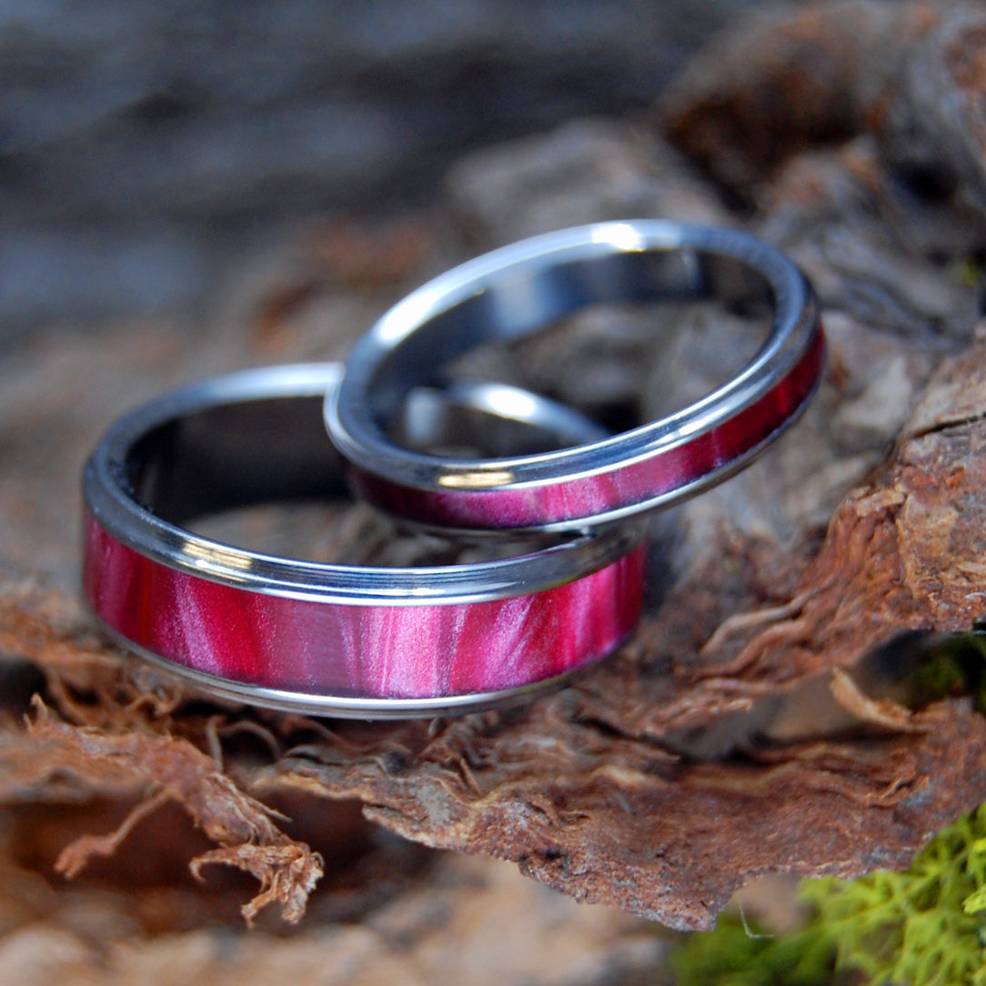 RED MARBLED FLARED SET |  Red Marbled Opalescent Resin - Titanium Wedding Rings - Minter and Richter Designs