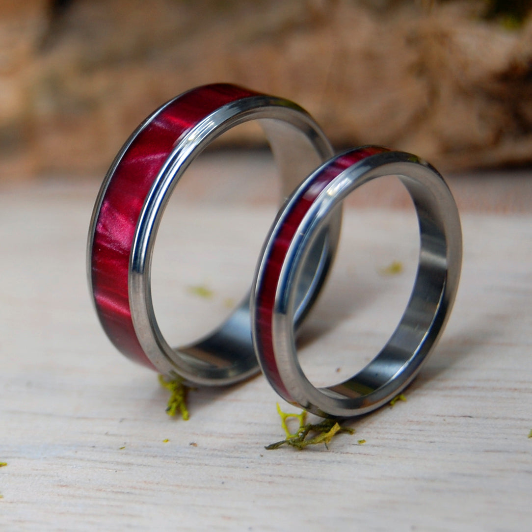 RED MARBLED FLARED SET |  Red Marbled Opalescent Resin - Titanium Wedding Rings - Minter and Richter Designs