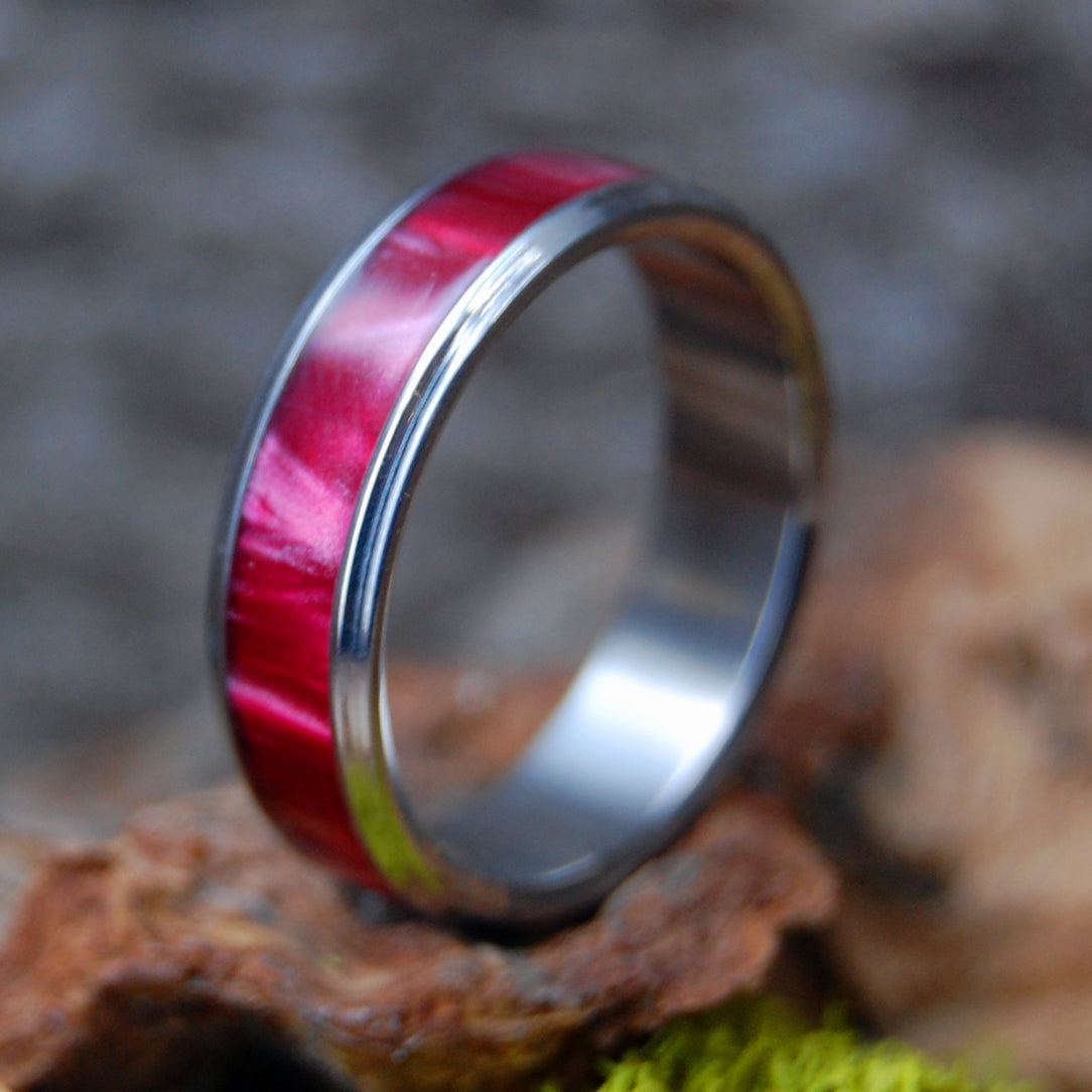 RED MARBLED FLARED | Red Marbled Opalescent Resin - Titanium Wedding Rings - Minter and Richter Designs