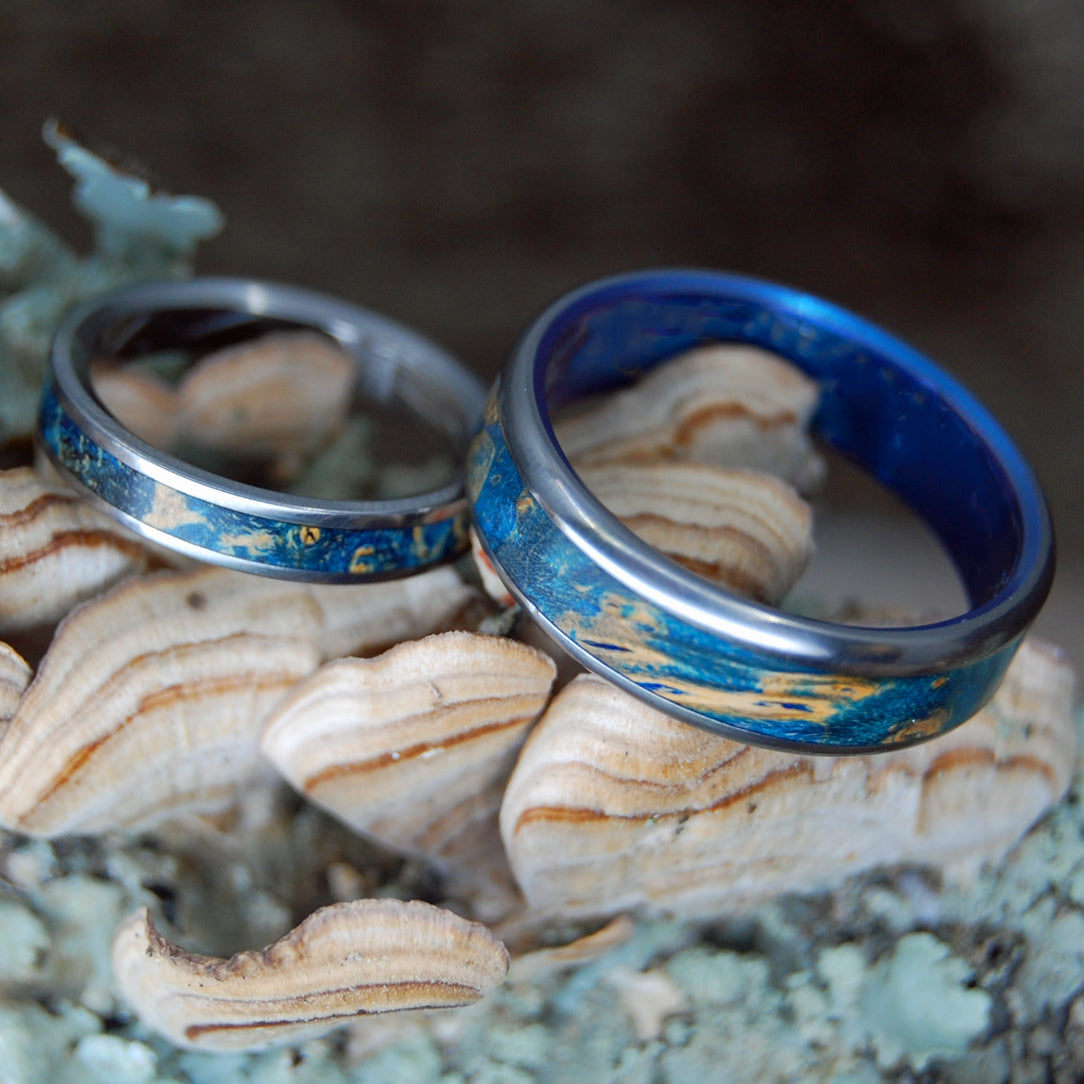 UNDER BLUE MOONS | Blue Box Elder Wood & Titanium - Unique Wedding Rings - Wedding Rings Set - Minter and Richter Designs