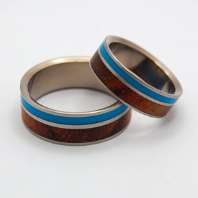 WOODED COVE | Turquoise Resin & Hawaiian Koa - Wooden Matching Titanium Wedding Rings Set - Minter and Richter Designs