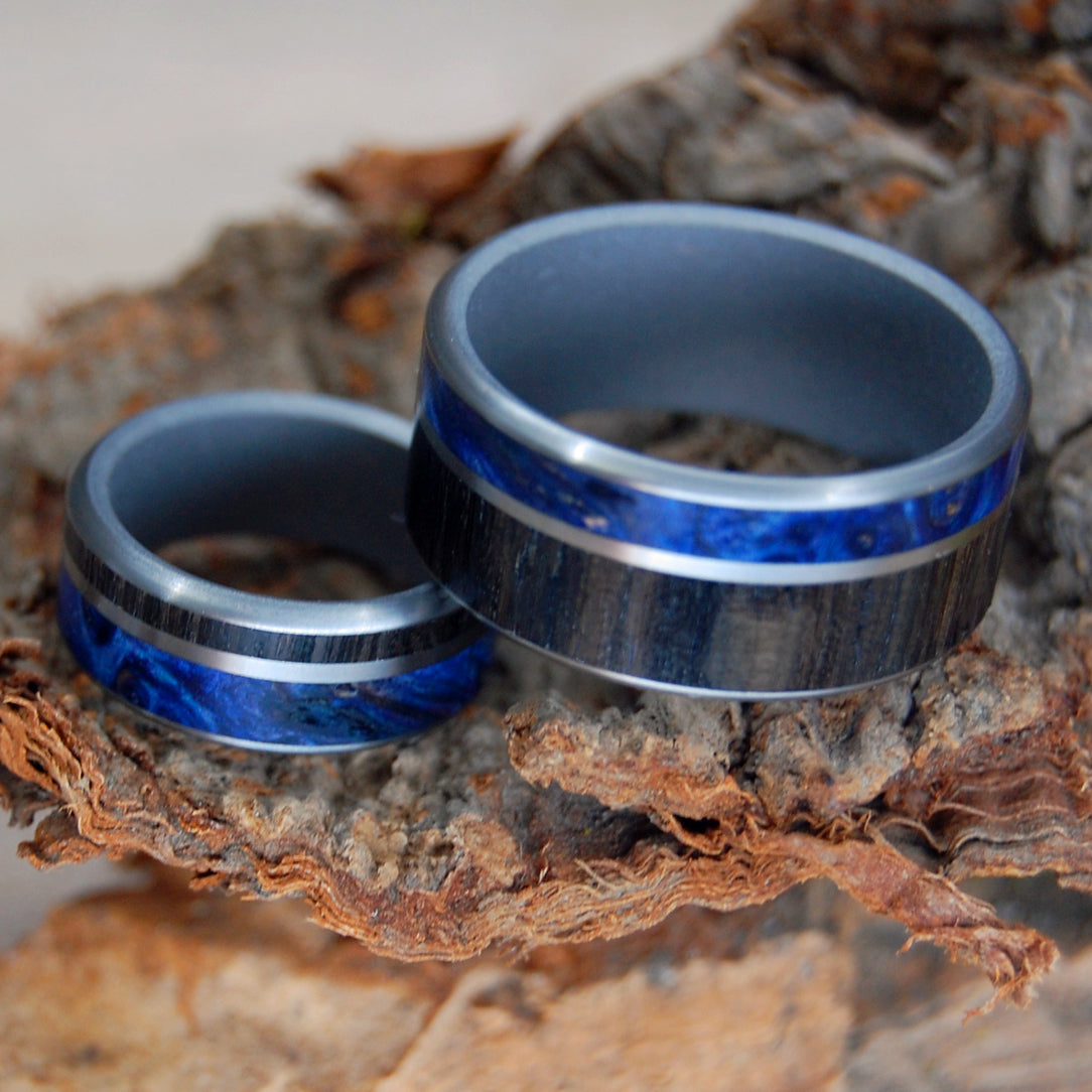 SCOTTISH HIGHLANDS | Scottish Bog Oak & Dark Blue Box Elder - Unique Wedding Rings - Wedding Ring Sets - Minter and Richter Designs