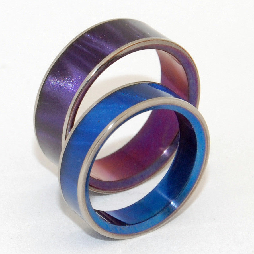 SEA BED BEAUTY | Purple Opalescent & Blue Marbled Opalescent Resin - Titanium Wedding Rings set - Minter and Richter Designs