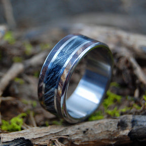 MAPLE SILVER LINING | Dark Maple Wood & Black Silver M3 Mokume Gane - Wooden Wedding Rings - Minter and Richter Designs