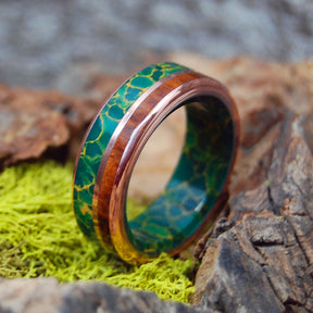 SNAKE THRU LOVE | Snakewood, Copper & Egyptian Jade - Unique Wedding Rings - Minter and Richter Designs