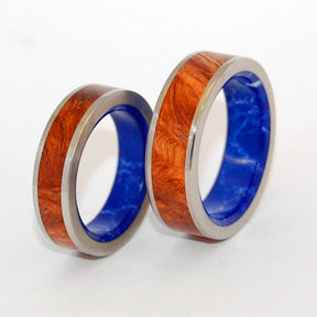 BLUE CONIFER | Sodalite Stone & Amboyna Burl Wood - His & Hers Wedding Band Set - Wooden Wedding Rings - Minter and Richter Designs