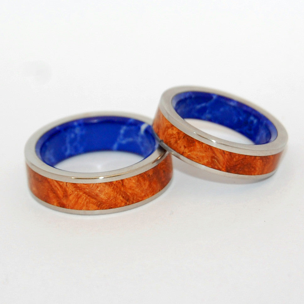 BLUE CONIFER | Sodalite Stone & Amboyna Burl Wood - His & Hers Wedding Band Set - Wooden Wedding Rings - Minter and Richter Designs