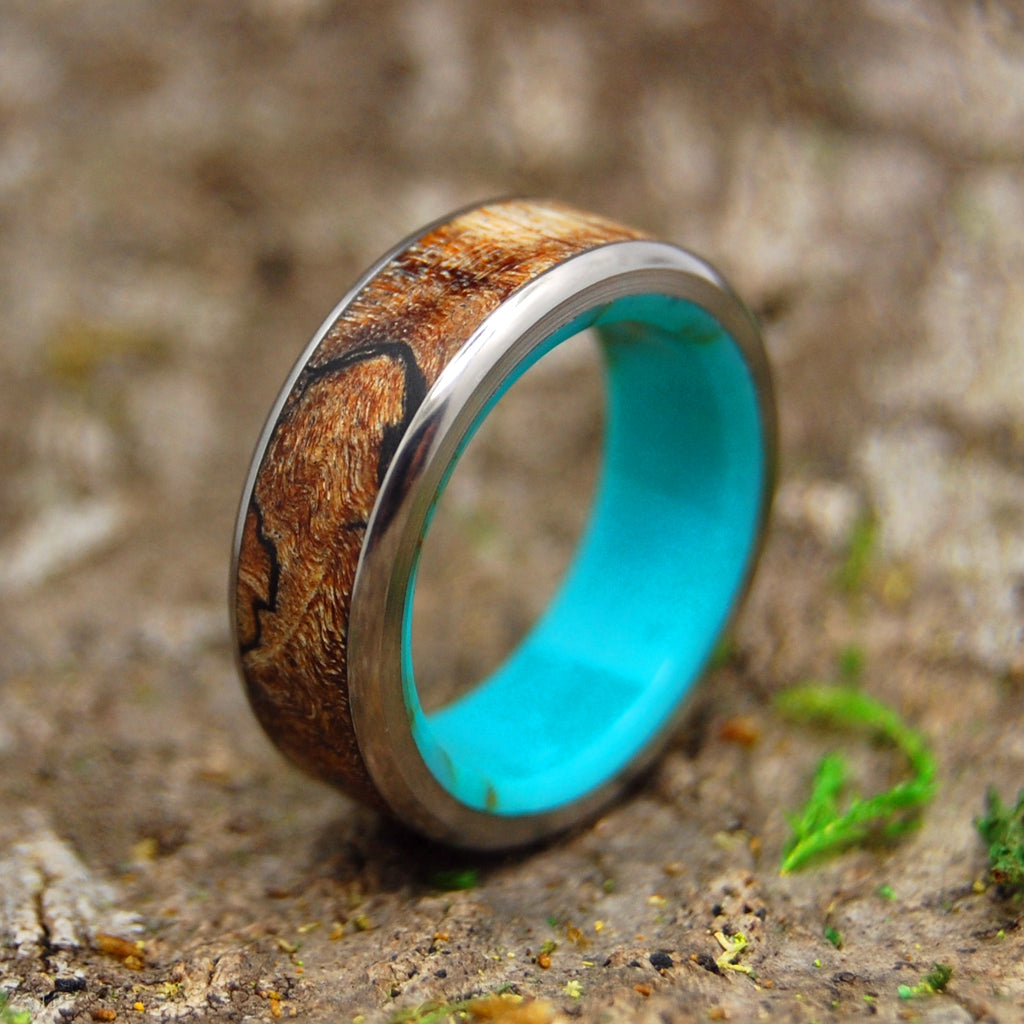 SPALTED MAPLE CONIFER | Turquoise & Wood Titanium Wedding Rings - Minter and Richter Designs