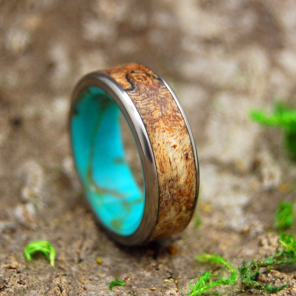 SPALTED MAPLE CONIFER | Turquoise & Wood Titanium Wedding Rings - Minter and Richter Designs