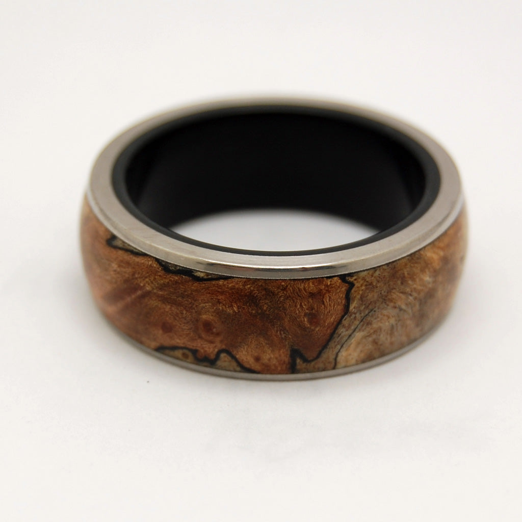 VICTORY ENSURED | Spalted Maple Wood & Black Onyx Stone Titanium Unique Wedding Rings for Men - Minter and Richter Designs