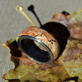 VICTORY ENSURED | Spalted Maple Wood & Black Onyx Stone Titanium Unique Wedding Rings for Men - Minter and Richter Designs