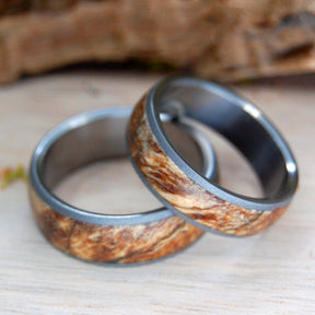 SPALTED DOMED SET | Amboyna Wood & Titanium - Unique Wedding Rings - Wedding Rings Set - Minter and Richter Designs
