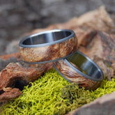 SPALTED DOMED SET | Amboyna Wood & Titanium - Unique Wedding Rings - Wedding Rings Set - Minter and Richter Designs