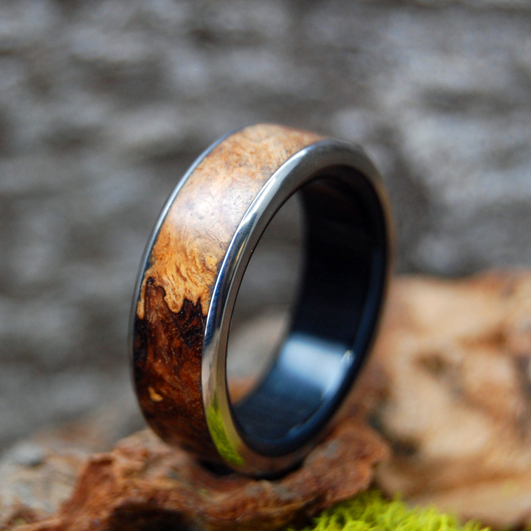 FREEDOM IN STRENGTH | Black Onyx Stone & Spalted Maple Wood Titanium Wedding Rings - Minter and Richter Designs