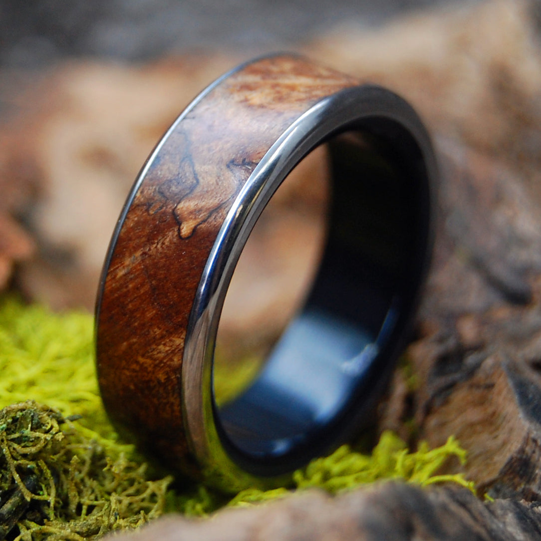 FREEDOM IN STRENGTH | Black Onyx Stone & Spalted Maple Wood Titanium Wedding Rings - Minter and Richter Designs