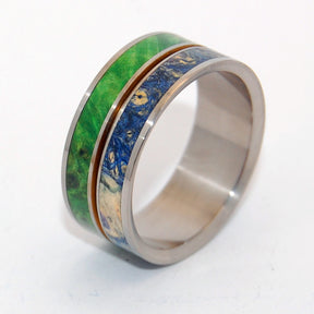 STARS & MOSS | Green Box Elder Wood & Blue Box Elder Wood - Titanium Wedding Rings - Unique Wedding Rings - Minter and Richter Designs