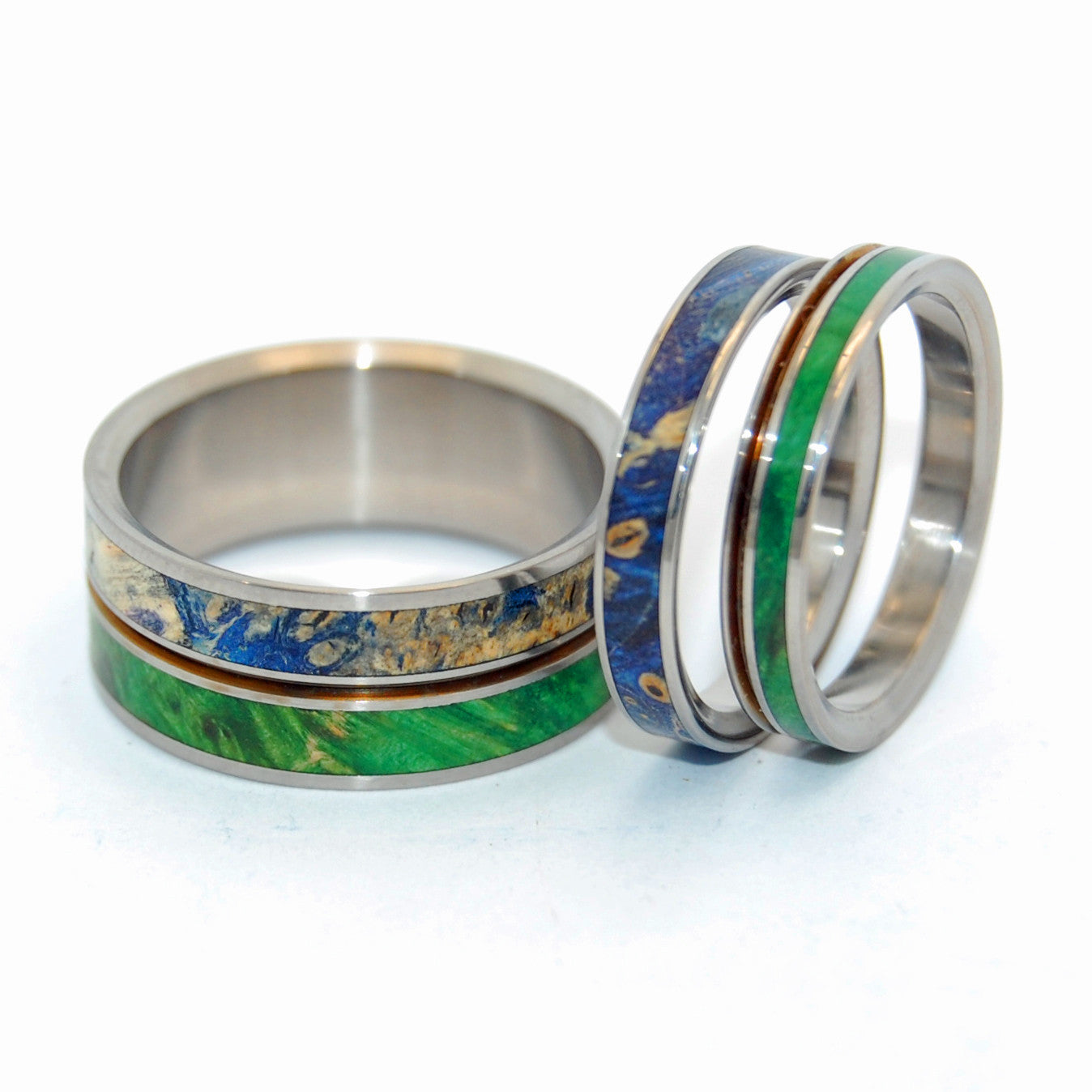 STARS & MOSS | Green Box Elder Wood & Blue Box Elder Wood - Titanium Wedding and Engagement Set - Unique Wedding Rings - Minter and Richter Designs