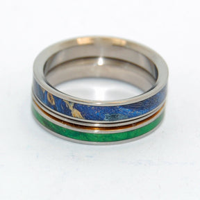 STARS & MOSS | Green Box Elder Wood & Blue Box Elder Wood - Titanium Wedding Rings - Unique Wedding Rings - Minter and Richter Designs