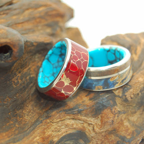 BOLD SET | Blue Box Elder Wood, Red Jasper Stone, Turquoise - Titanium Wedding Rings set - Minter and Richter Designs
