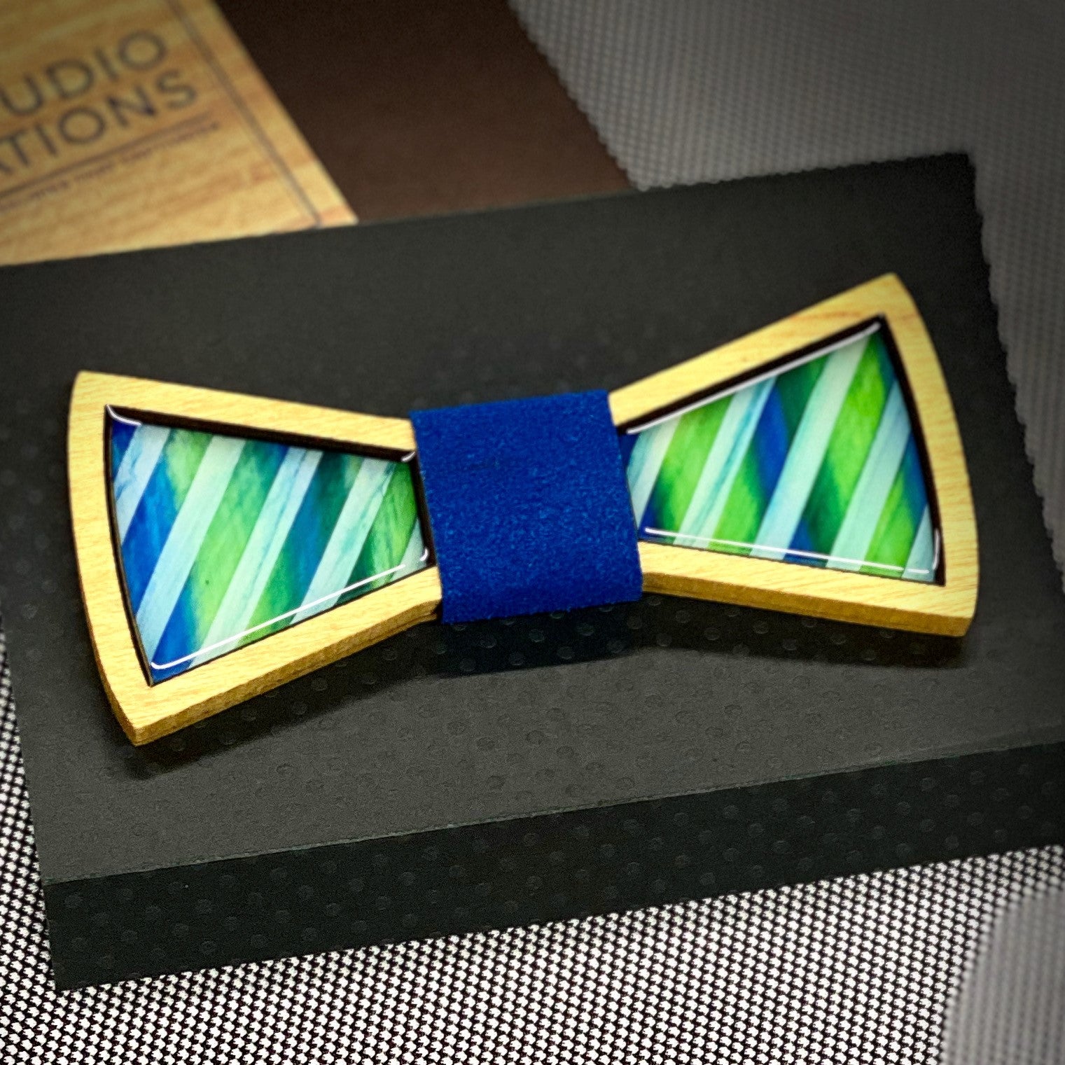 BLUE GREEN REGIMENTAL STRIPE BOW TIE | Handmade Bamboo Bow Tie - Wedding Gift - Groomsmen Gift - Fathers Day - Minter and Richter Designs