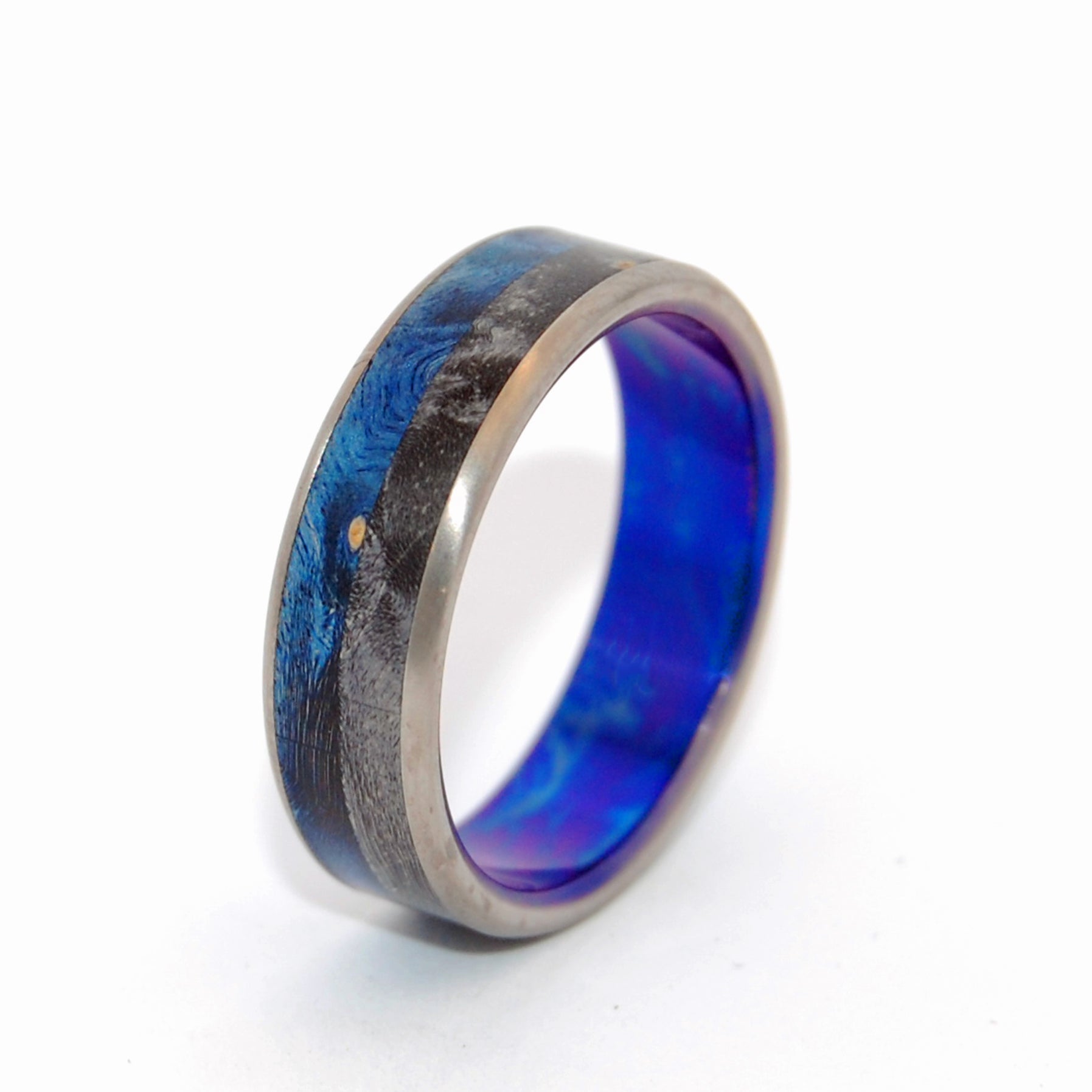 Take Me | Wood and Hand Anodized Blue - Titanium Wedding Ring - Minter and Richter Designs