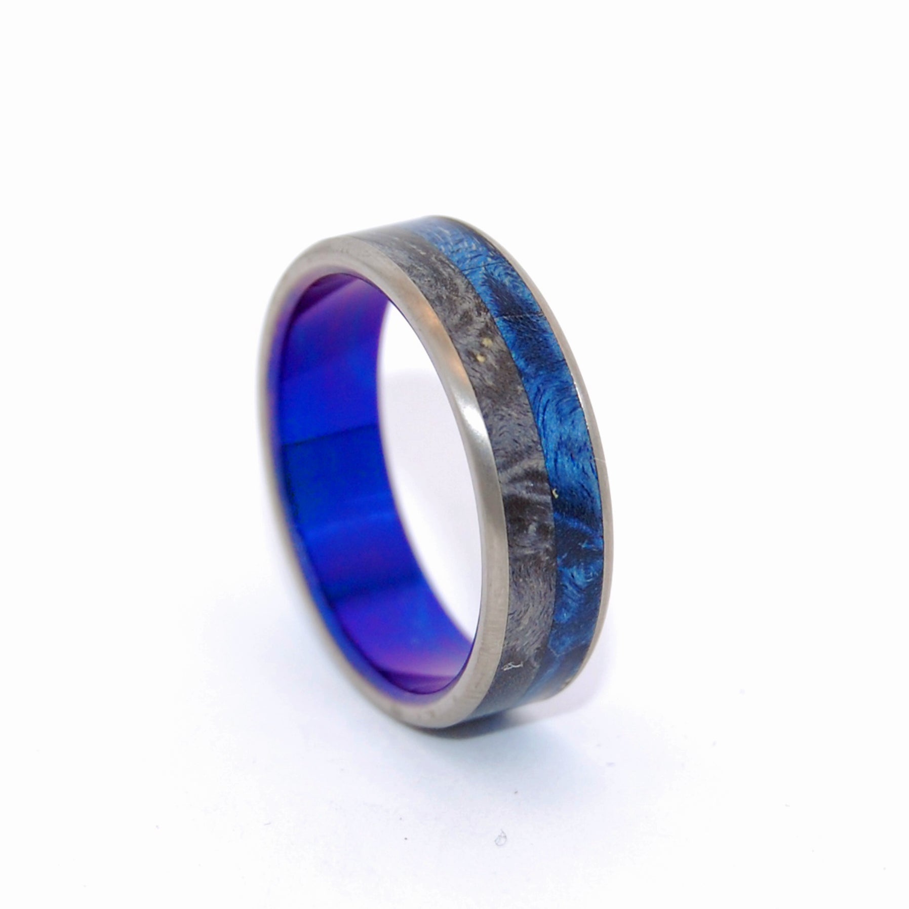Take Me | Wood and Hand Anodized Blue - Titanium Wedding Ring - Minter and Richter Designs