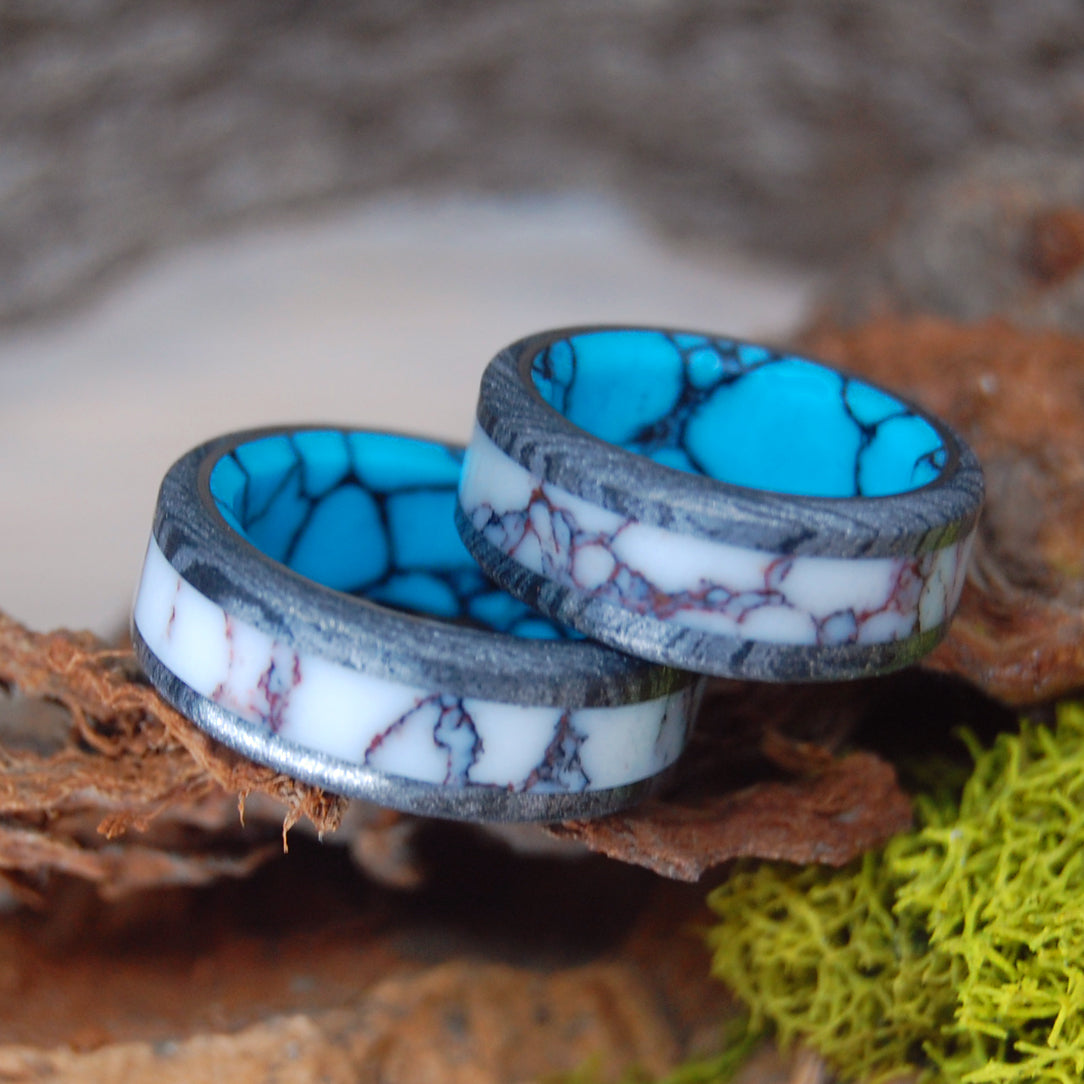 TEXAS FIRE | Wild Horse Jasper, M3 and Turquoise - Unique Wedding Rings - Wedding Rings Set - Minter and Richter Designs