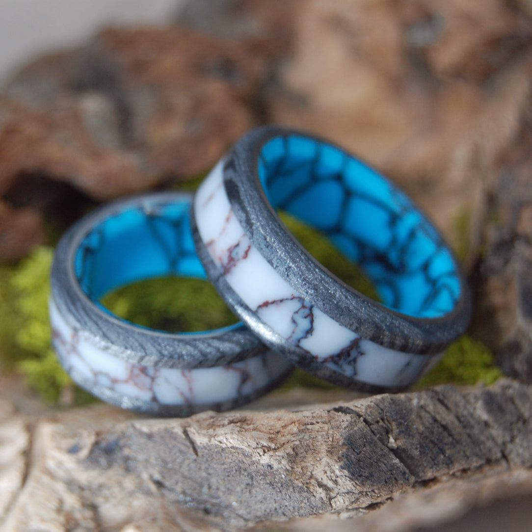 TEXAS FIRE | Wild Horse Jasper, M3 and Turquoise - Unique Wedding Rings - Wedding Rings Set - Minter and Richter Designs