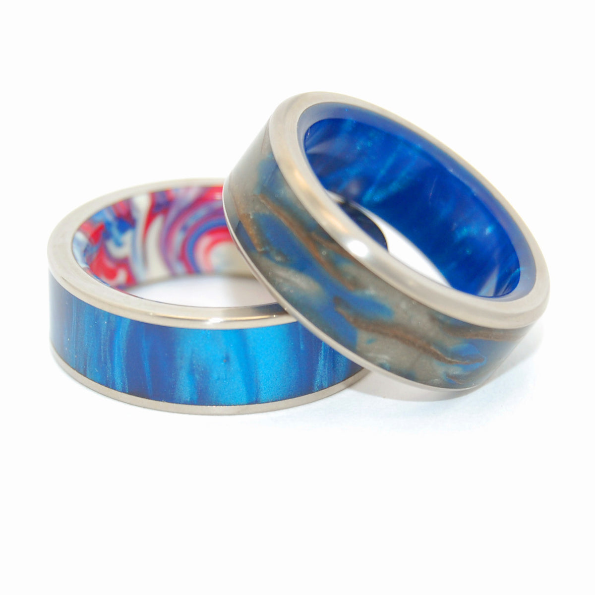 GALACTIC LOVE | Pine Cone Wood resin & Blue Marbled Opalescent - Unique Wedding Rings Set - Minter and Richter Designs