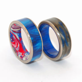 GALACTIC LOVE | Pine Cone Wood resin & Blue Marbled Opalescent - Unique Wedding Rings Set - Minter and Richter Designs