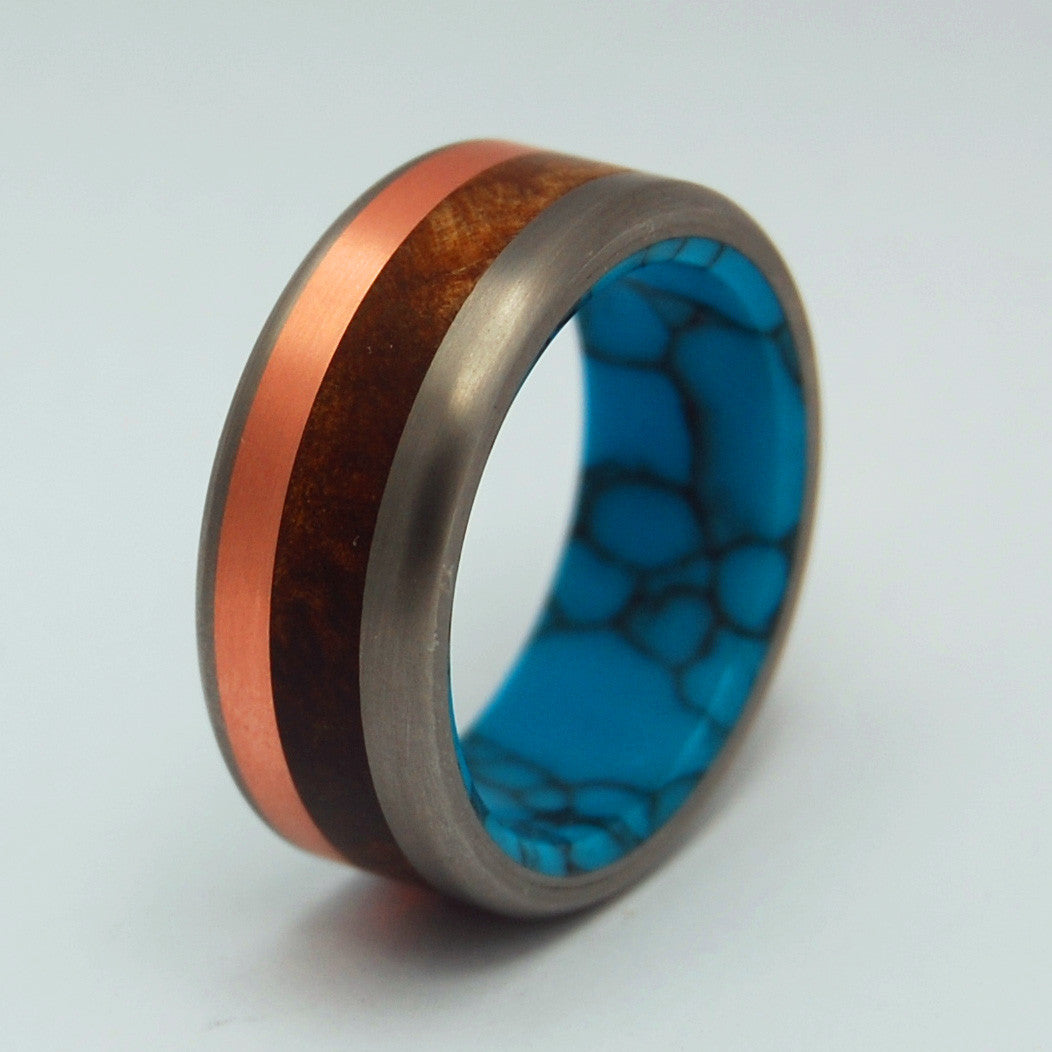 THE MOTIVE OF A VIKING | Copper, Turquoise & Desert Ironwood Titanium Men's Wedding Rings - Minter and Richter Designs