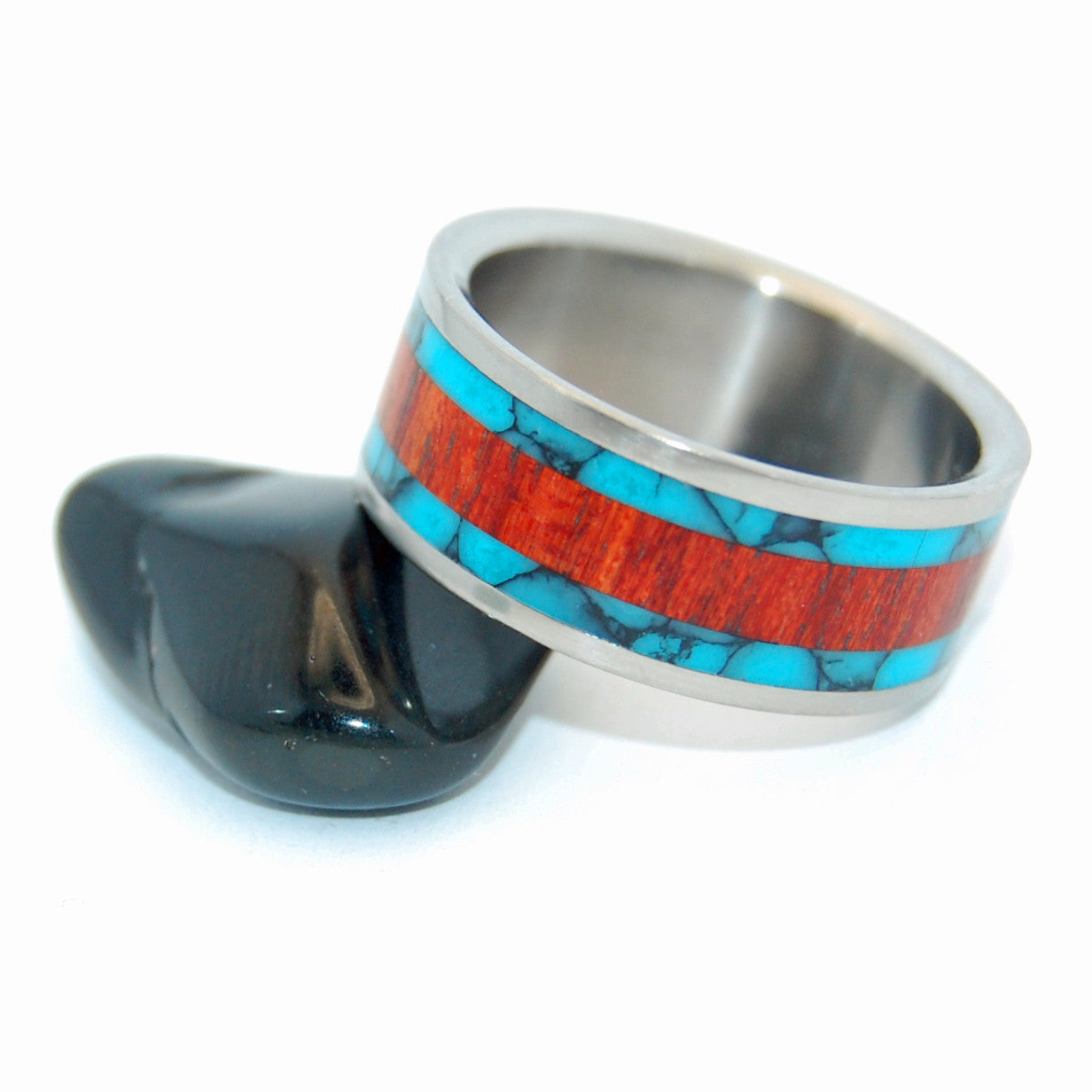 THE RING THAT JACK BUILT | Turquoise & Bloodwood Titanium Wedding Rings - Minter and Richter Designs