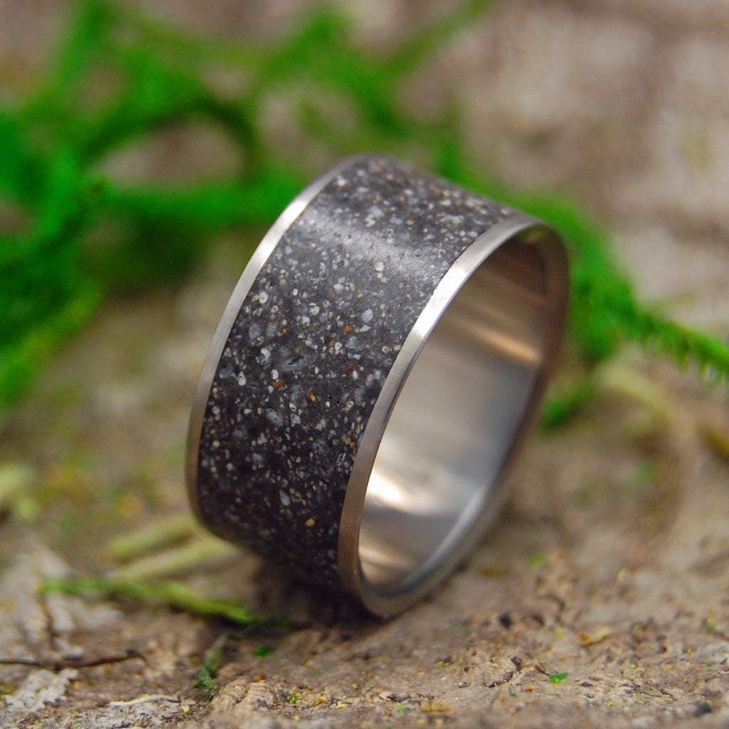SAND FROM WHERE WE MET | Beach Sand Black Background Custom Titanium Wedding Rings - Minter and Richter Designs