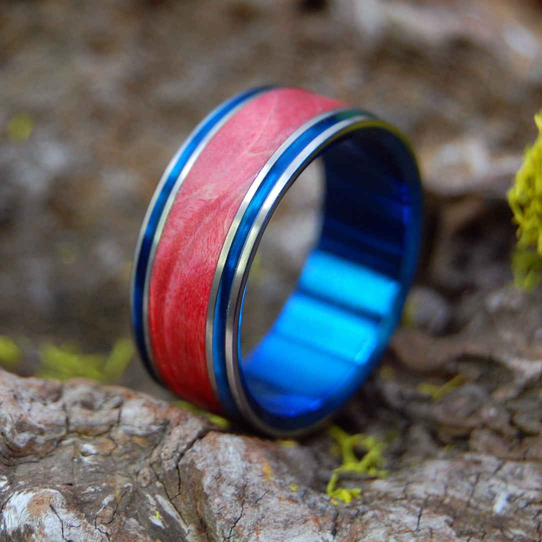 THE JIG IS UP | Red Box Elder Wood & Titanium - Unique Wedding Rings - Wedding Rings - Minter and Richter Designs